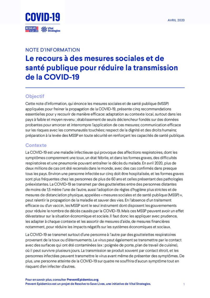 Le recours à des mesures sociales et de santé publique pour réduire la transmission de la COVID-19 cover