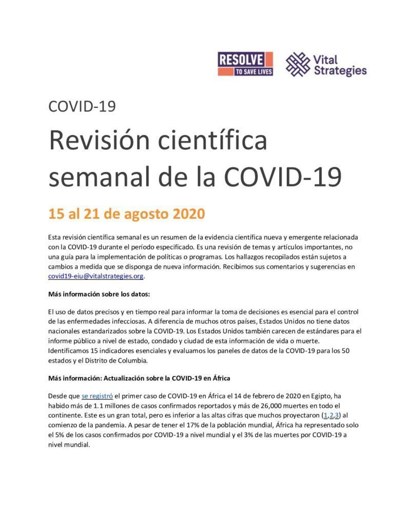 Weekly Science Review Spanish 15-21 August 2020 cover