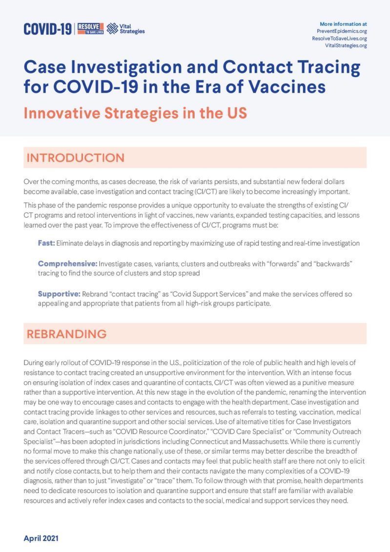 Case Investigation and Contact Tracing for COVID-19 in the Era of Vaccines: Innovative Strategies in the US cover